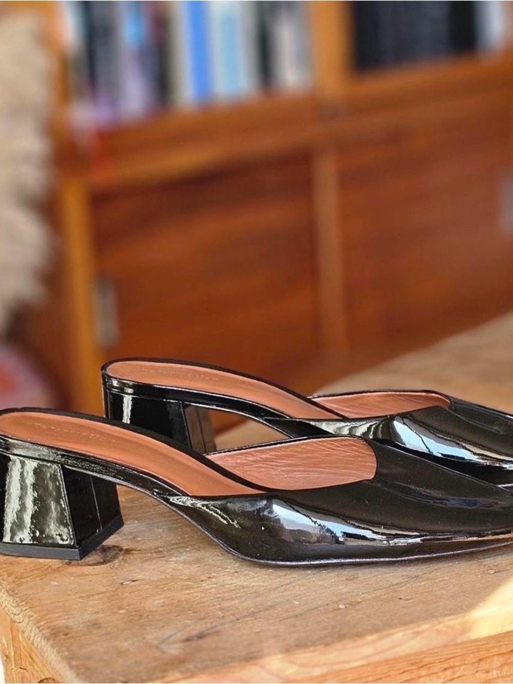 Reformation Black Patent Low Block Heel Mules